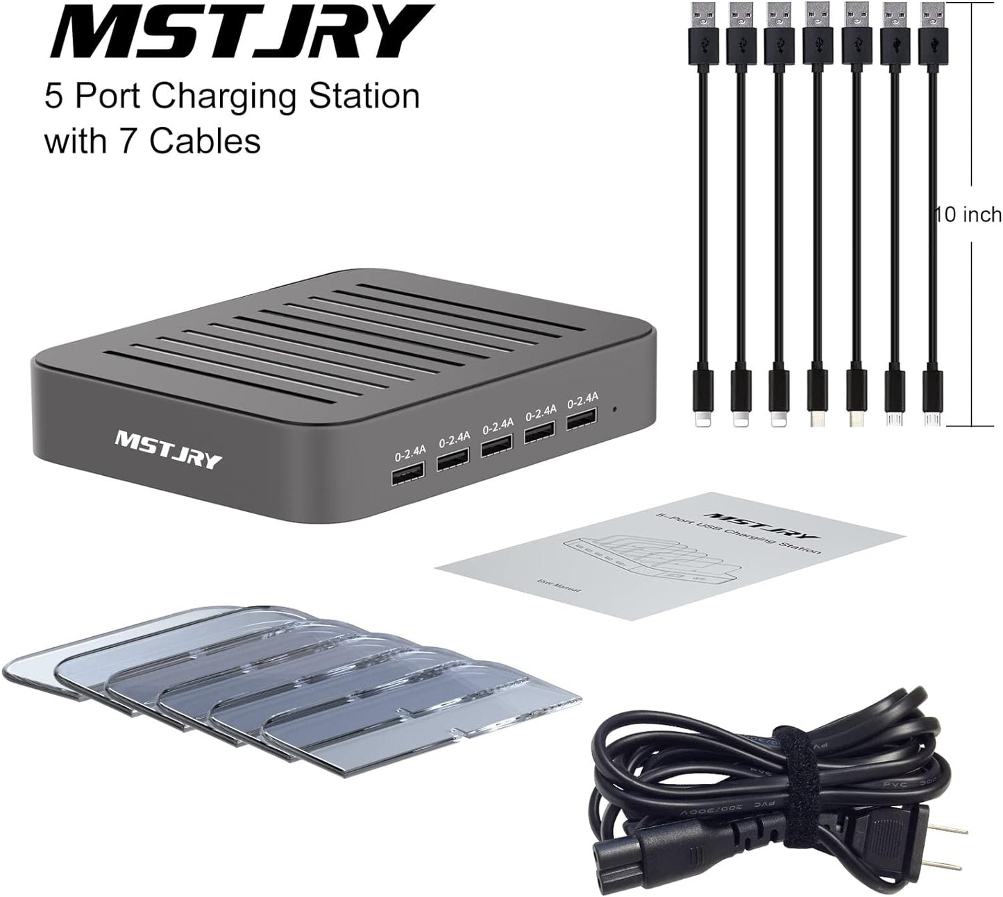 Charging Station for Multiple Devices, 5 Port Multi USB Charger Station with Power Switch Designed for Iphone Ipad Cell Phone Tablets (Gray, 7 Mixed Short Cables Included)