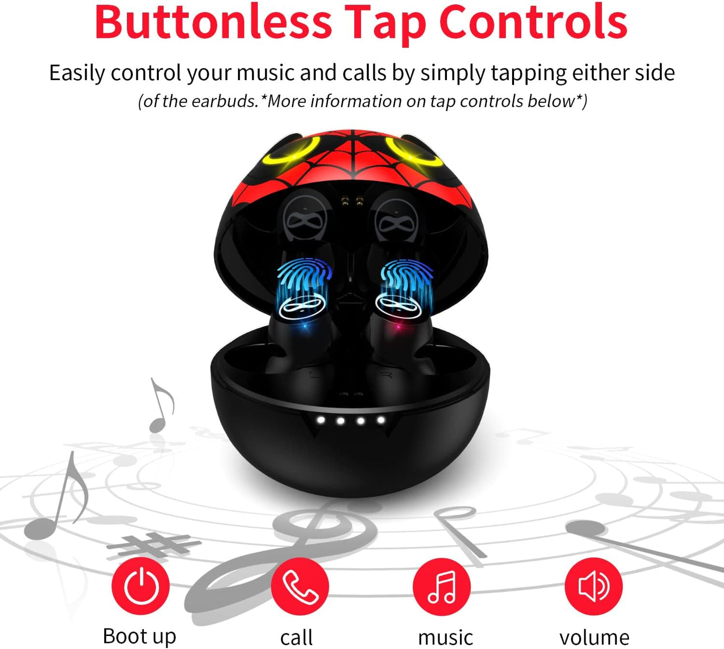 Wireless Earbuds for Small Ears, Truly Wireless Headphones Stereo Sound In-Ear with Mic Touch Control, Sweat-Proof Bluetooth 5.0 Noise Reduction Earphones with Cartoon Spider Man Charging Case