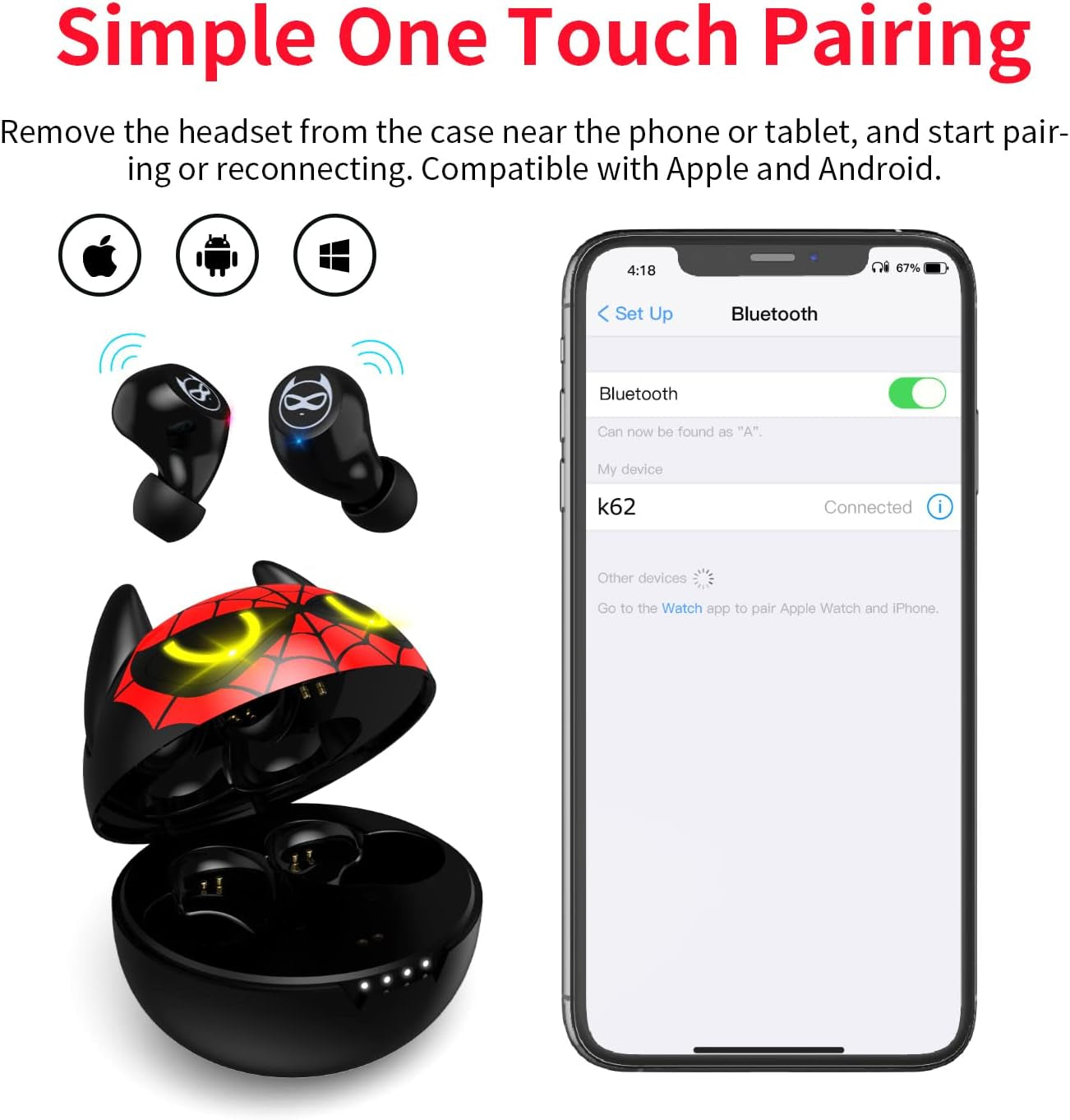 Wireless Earbuds for Small Ears, Truly Wireless Headphones Stereo Sound In-Ear with Mic Touch Control, Sweat-Proof Bluetooth 5.0 Noise Reduction Earphones with Cartoon Spider Man Charging Case