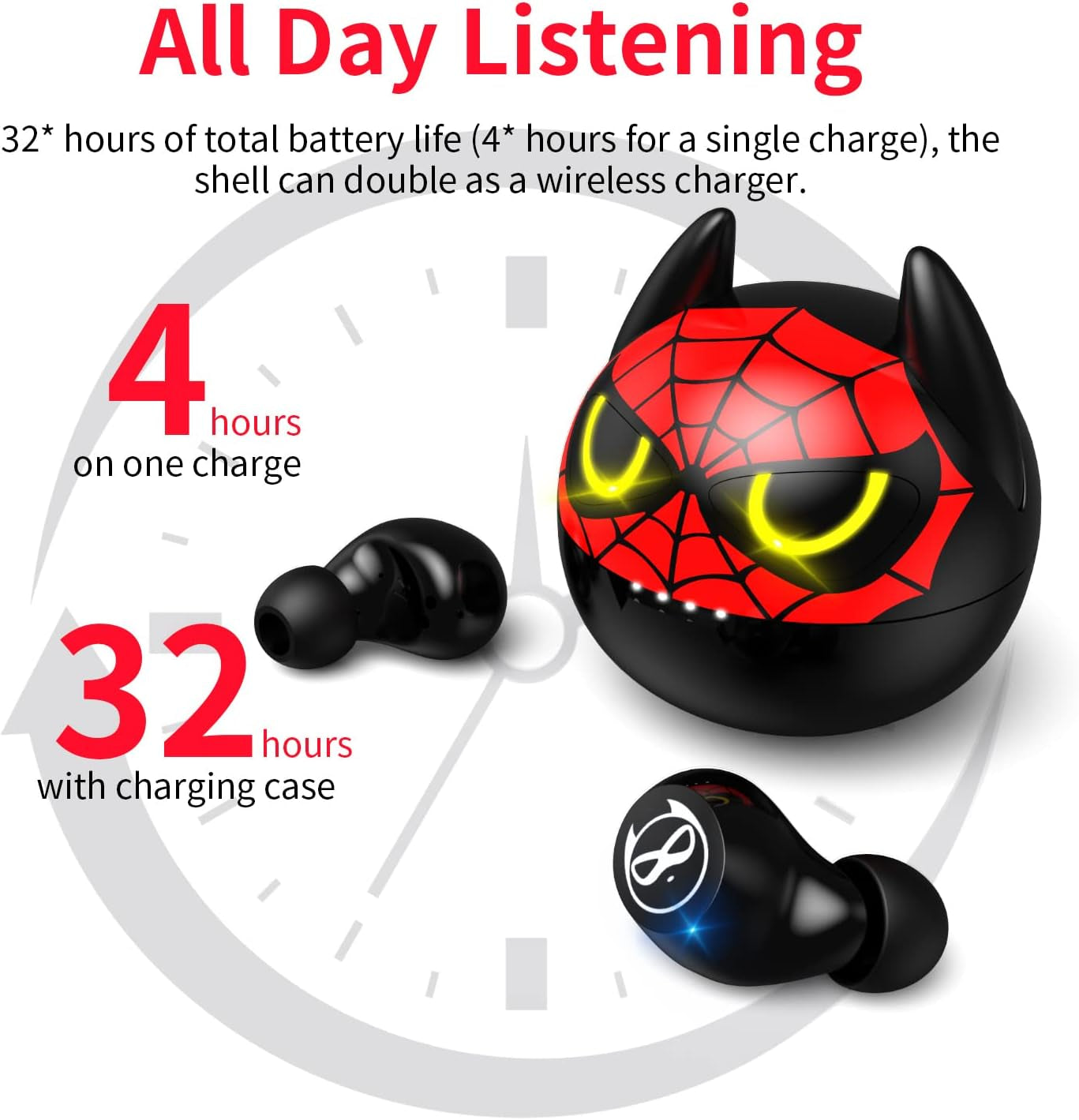 Wireless Earbuds for Small Ears, Truly Wireless Headphones Stereo Sound In-Ear with Mic Touch Control, Sweat-Proof Bluetooth 5.0 Noise Reduction Earphones with Cartoon Spider Man Charging Case