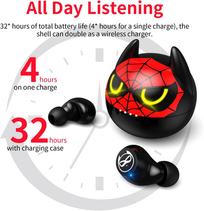 Wireless Earbuds for Small Ears, Truly Wireless Headphones Stereo Sound In-Ear with Mic Touch Control, Sweat-Proof Bluetooth 5.0 Noise Reduction Earphones with Cartoon Spider Man Charging Case